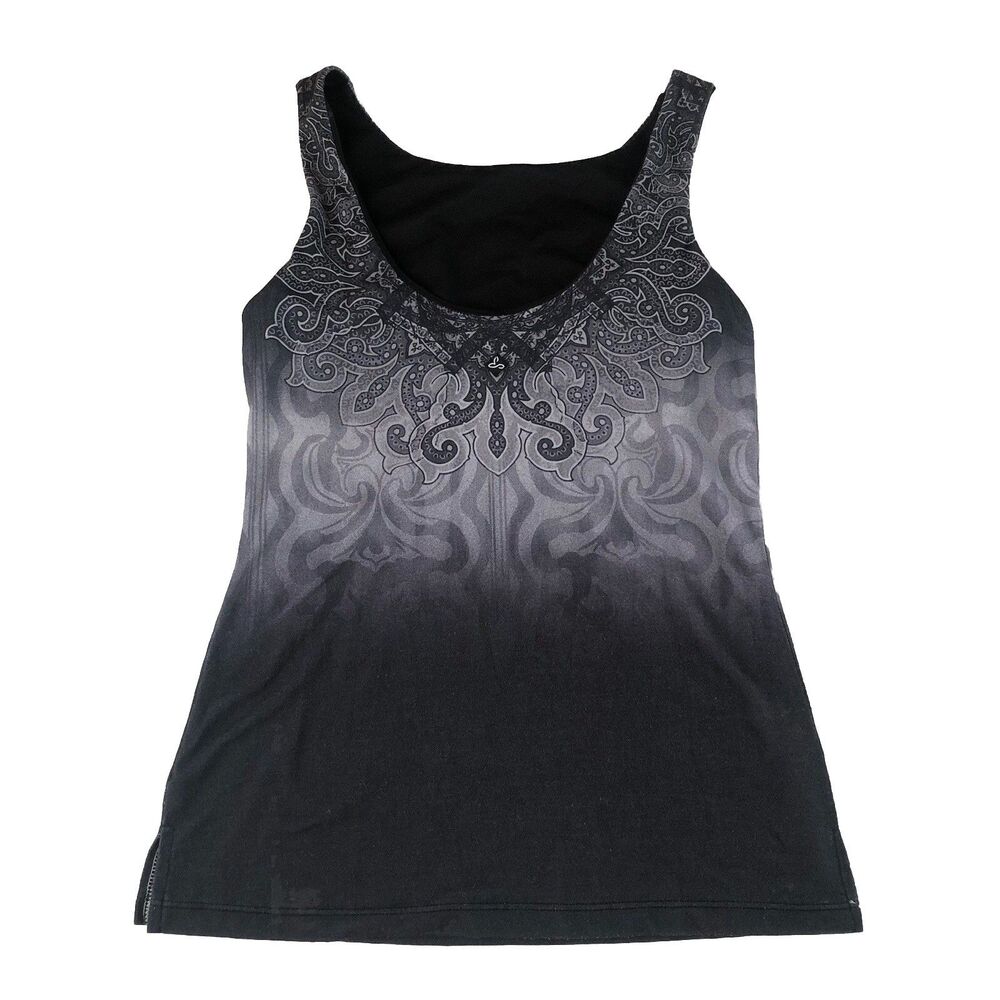 prAna Women’s Black Gray Ombré Mandala Print Built In Shelf Bra Athletic Tank XS